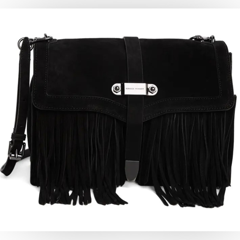 Rebecca Minkoff Black Suede Leather Fringe ID Crossbody Boho Bohemian Bag- NWOT!